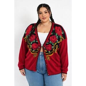 Vintage 1980s Maggie Lawrence Womens 18/20 Floral Knit Cardigan Sweater Red Boho